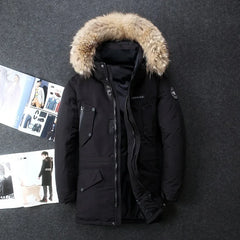 Men Winter Duck Down Coats Hooded Fur Collar Long Down Jackets High