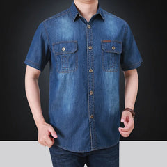 2023 Summer New Simple Polo Collar Men Denim Short Sleeve Shirt