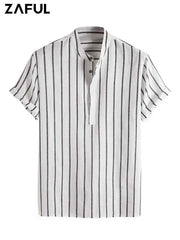 ZAFUL Striped Shirts for Men Half Button Collarless Short Sleeve