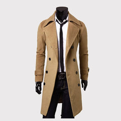 Mens Double Breasted Trench Coat Wool Blend 2023 Autumn Winter Solid