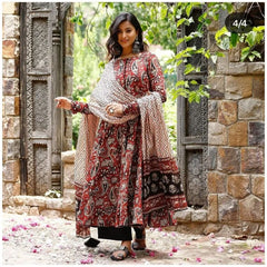 Anarkali Gown Kurti Pant Dupatta Printed Work Women Designer Cotton