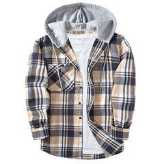 Spring Autumn Men's Checkered Shirt Hooded Flannel Warm Fashion Luxury