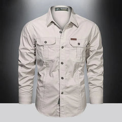 New Autumn Military Style Cotton Pocket Shirt for Men Solid Color Slim