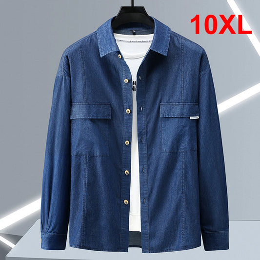 Denim Shirts Men Plus Size 10XL Long Sleeve Shirts Spring Autumn Blue