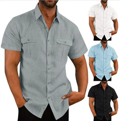 Cotton Linen Hot Sale Men Short-Sleeved Shirts Summer Solid Color