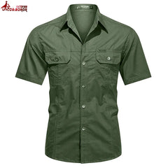 Summer Streetwear Men's Button Pure Cotton Military Polo Dress Shirt