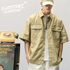 Summer Japanese Cargo Short Sleeve Shirt Men's Pockets Button