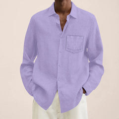 2023 Men's Casual Cotton Linen Shirt Turn Down Collar Solid Long