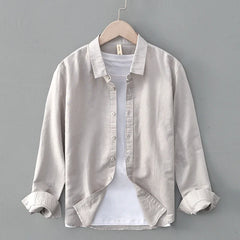 Green Cotton Linen Casual Shirts For Men Basic Classic Long Sleeve