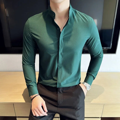 Mens Standing Collar Shirt Long Sleeved 2024 Autumn New Solid Color