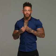 Men's Fashion Dress Shirt Summer Classic Slim Fit Button Short Sleeve