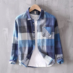 Men Clothing 2022 New Linen Shirt Men Casual Lapel Fresh Plaid Long