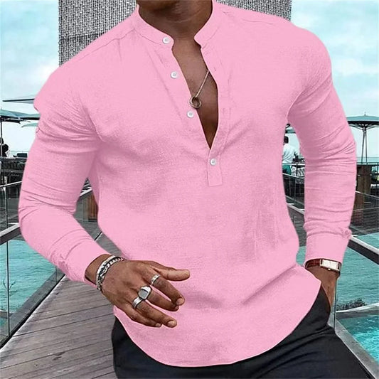 2023 New Fashion Men's High Quality Shirt Henry Solid Half Open Button