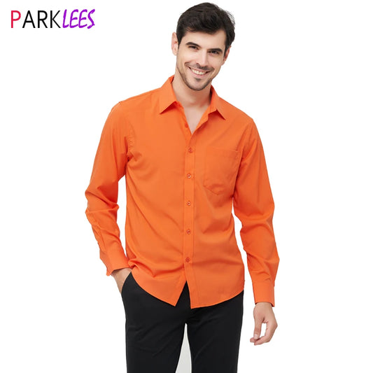 Orange Mens Dress Shirts 2023 Autumn New Regular Fit Stretch Shirt Men