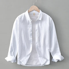 Green Cotton Linen Casual Shirts For Men Basic Classic Long Sleeve