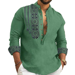 Men Long Sleeve Button-Down Shirt Blouse Loose Henley V-Neck Beach