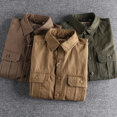 Safari Style Male Shirts Tops Pure Cotton Work Clothes Multi Pocket