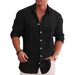 Men's Loose Solid Shirt Flax Polo Collar Long Sleeve Shirt Korean