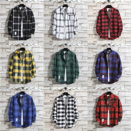 Men's Casual Plaid Shirt Polyester Long Sleeve Lapel Plaid Casual