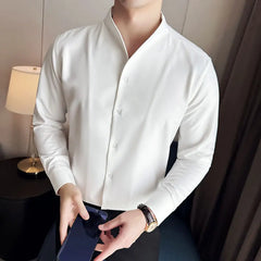 Men V-neck Shirt 2024 Spring New British Style Anti-wrinkle Soft Solid