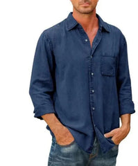 Men Shirts Cotton Denim Long Sleeve Casual Solid Color Laple Shirt