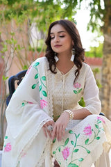 Women Floral Handpainted Straight Kurta Palazzo With Dupatta Indian