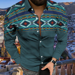 Social Fashion Men Shirts Casual  Buttoned Shirt Aztec Ethnic Print