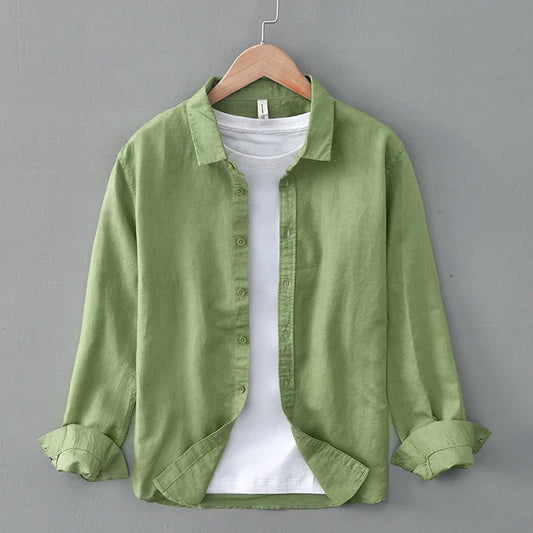 Green Cotton Linen Casual Shirts For Men Basic Classic Long Sleeve