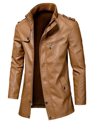 Oumor Men Autumn Fashion Long Warm Pocket Leather Jacket Coat Men