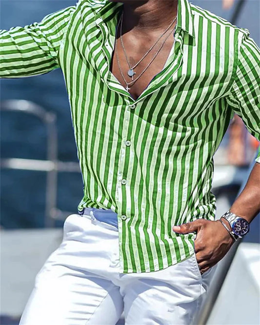 Summer 2023 men's long-sleeved green striped printed shirt men's