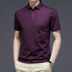 Tcyeek Slim 100% Mulberry Silk Shirt Men Polo Shirts Short Sleeves