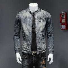 Military Denim Jacket Men Spring Autumn Motorcycle Slim Fit Cowboy