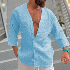 Men's Summer Waffle Casual Cardigan Loose Casual 3/4 Sleeve Shirt