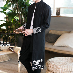 Trench Coat Men Fake two Pieces Cardigan Kimono Embroidered Coat Male