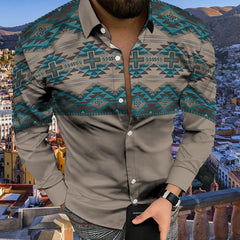 Social Fashion Men Shirts Casual  Buttoned Shirt Aztec Ethnic Print