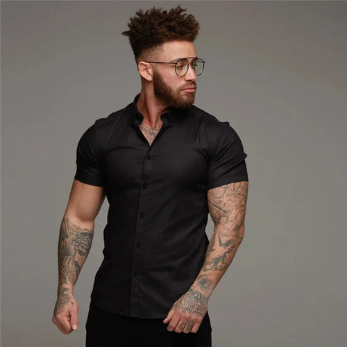 Men's Fashion Dress Shirt Summer Classic Slim Fit Button Short Sleeve