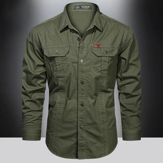 2024 Spring Cotton Cargo Shirt for Men Long Sleeve Multi-Pocket Shirts