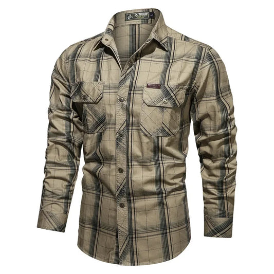 Men Plaid Casual Shirts Male Military Outdoor Loose Multi-pockets