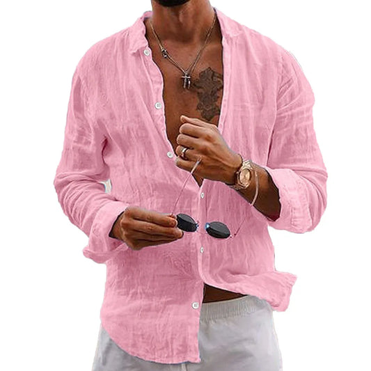 Button-Down Shirts Men\'s Loose Casual Cotton Linen Button Down Long