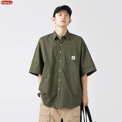 Japan Style Cargo Shirts Men Summer  Pure Cotton Loose Casual Pocket