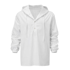 Men'S Cotton Linen Hooded Shirts Classic Solid Color Drawstring Button