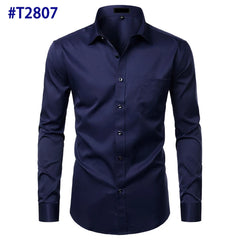 Black Bamboo Fiber Shirt Men Casual Slim Fit Mens Dress Shirts Solid