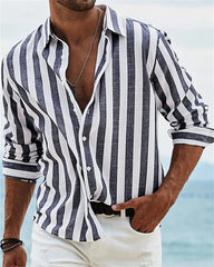 Summer 2023 men's long-sleeved green striped printed shirt men's