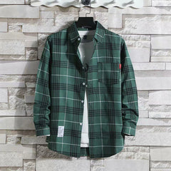 Men's Casual Plaid Shirt Polyester Long Sleeve Lapel Plaid Casual