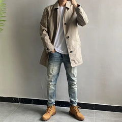 Men's Windproof Mid Length Warm Trench Coat Japanese Style Simple