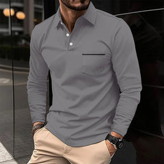 2024 men's spring long sleeve pocket T-shirt Casual business buckle