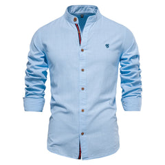 New Spring Summer 100% Cotton Social Shirt Men Solid Color Embroidery