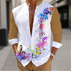 Summer 2024 Men's Shirt Long Sleeve Music Note 3D Printed Stand Collar