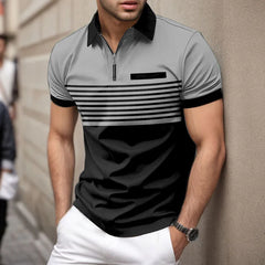 Men's summer short sleeved lapel 3D digital printed striped polo shirt