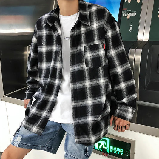 Harajuku Plaid Shirts Men's Spring Autumn Winter High Quality Casual